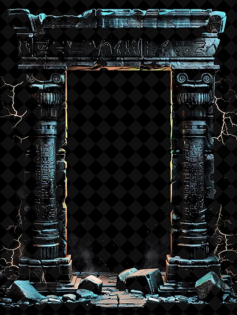 Ancient Ruins Arcane Frame With Crumbling Stone Pillars and Neon Color Frame Y2K Art Collection