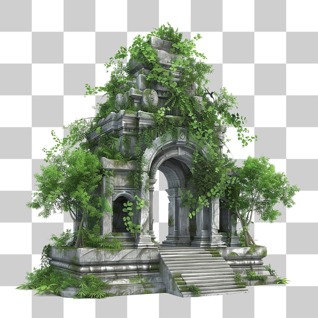 An ancient temple overgrown with jungle vines png on transparent background