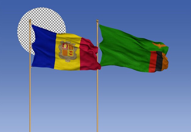 Andorra and Zambia Wavy Flags Together Bilateral Relations 3D Rendering