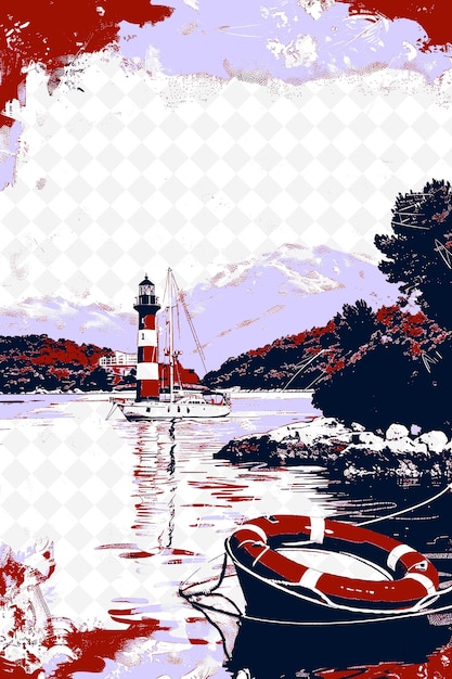 PSD angra dos reis bay scene with a yacht and a lighthouse a red illustration brazilian life and culture