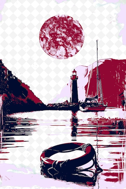 PSD angra dos reis bay scene with a yacht and a lighthouse a red illustration brazilian life and culture