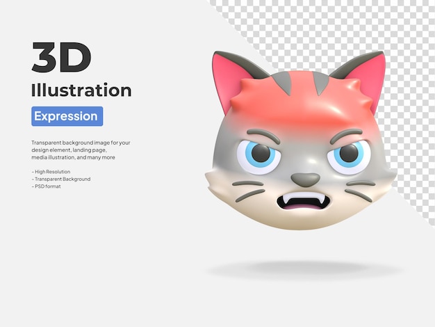 Angry cat face expression icon cartoon 3d render illustration