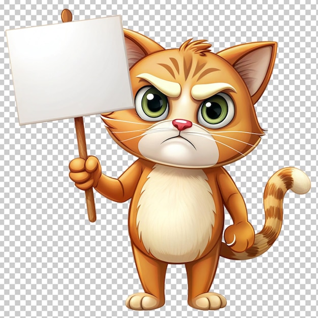 PSD angry cat holding sign board on transparent background