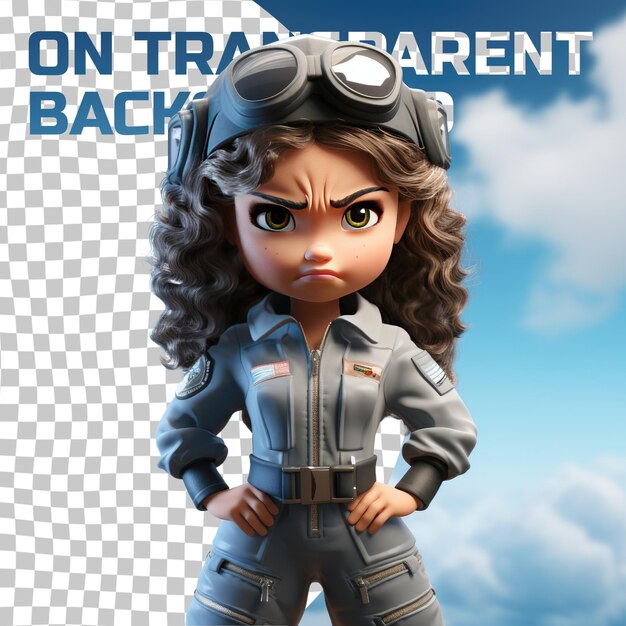 A Angry Child girl with Curly Hair from the Southeast Asian ethnicity dressed in Commercial Pilot attire poses in a One Hand on Waist style against a Pastel Sky Blue background