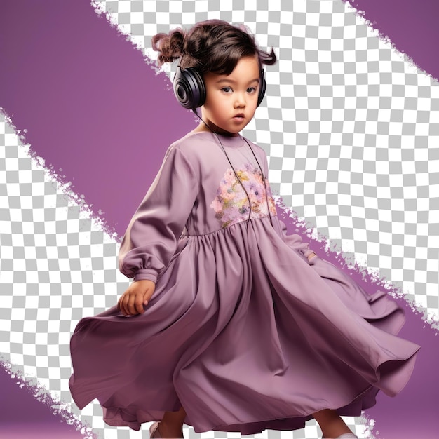 A Angry Child girl with Short Hair from the Mongolic ethnicity dressed in Listening to music albums attire poses in a Full Length with Flowing Dress style against a Pastel Lavender backgroun