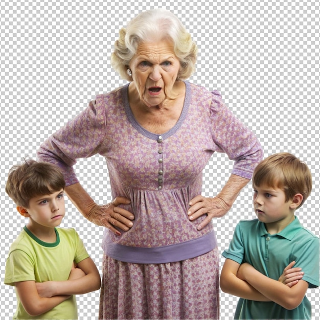 angry displeased granny frowning and holding hands on transparent background