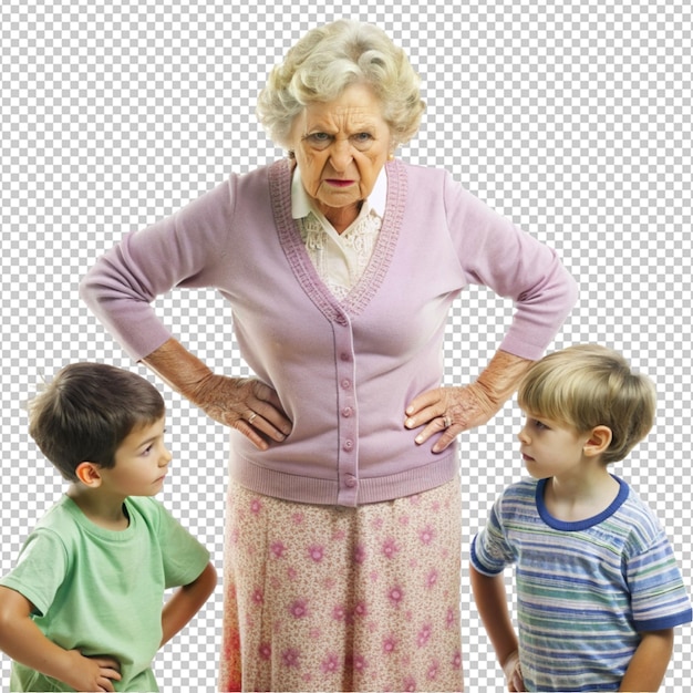 angry displeased granny frowning and holding hands on transparent background