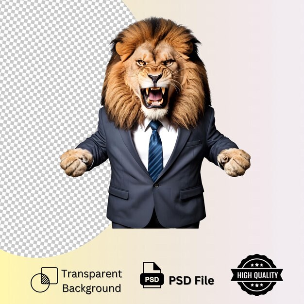 PSD angry lion wearing business attire isolated on transparent background