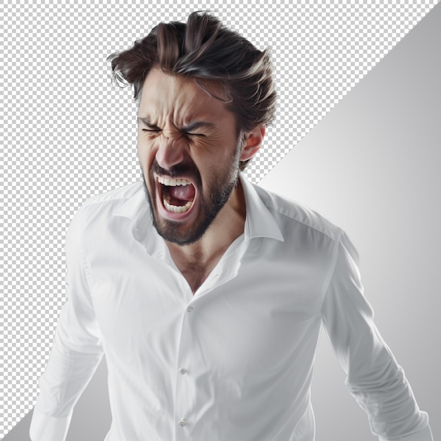 PSD angry man in white shirt with beard yelling