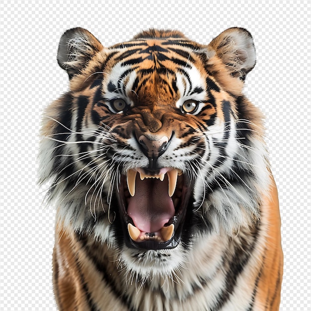 PSD angry tiger on isolated transparent background