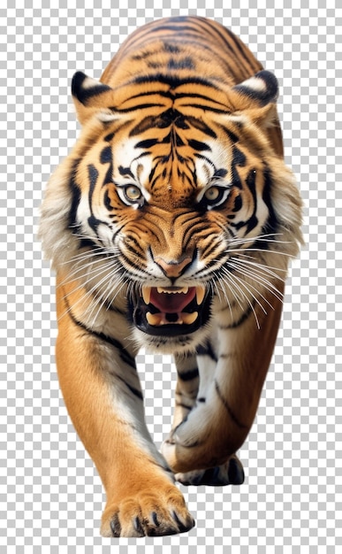 Angry Tiger Walking Front View Isolated on Transparent Background