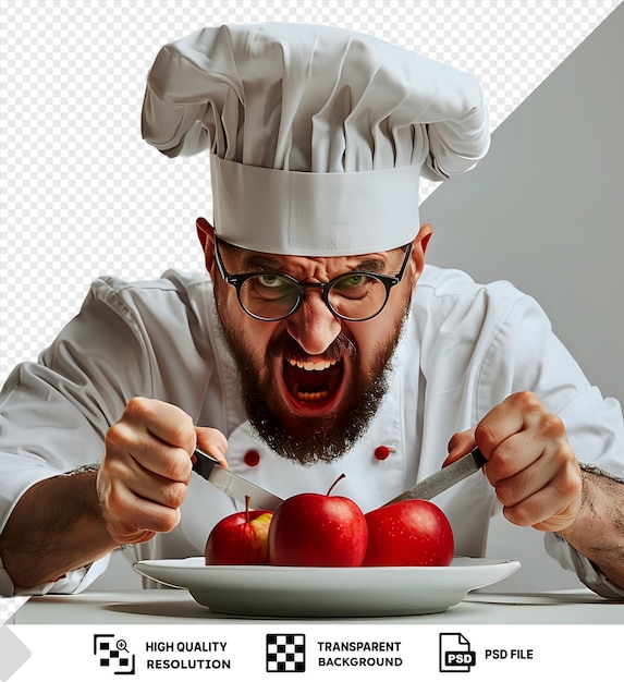 PSD angry young male chef with glasses holding knife prepares to cut apple screaming