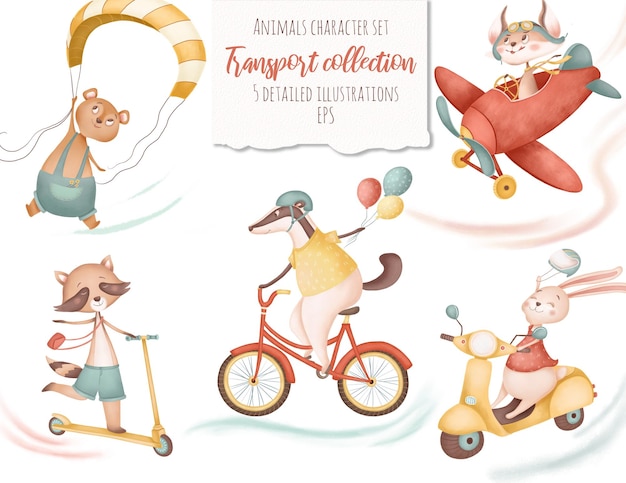 PSD animal character set transport collection for nursery, child room, games design, greering cards