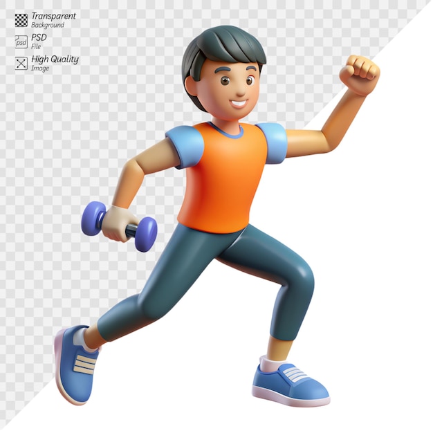 Animated character running with dumbbells on transparent background