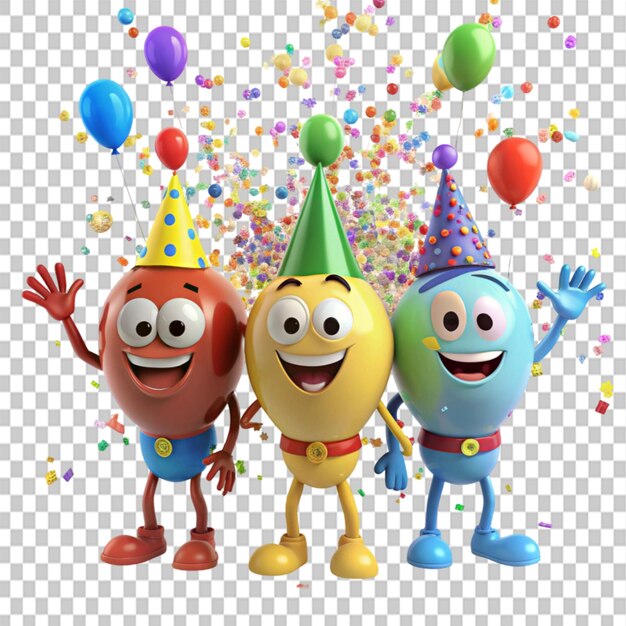 PSD animated data characters party with confetti and on transparent background