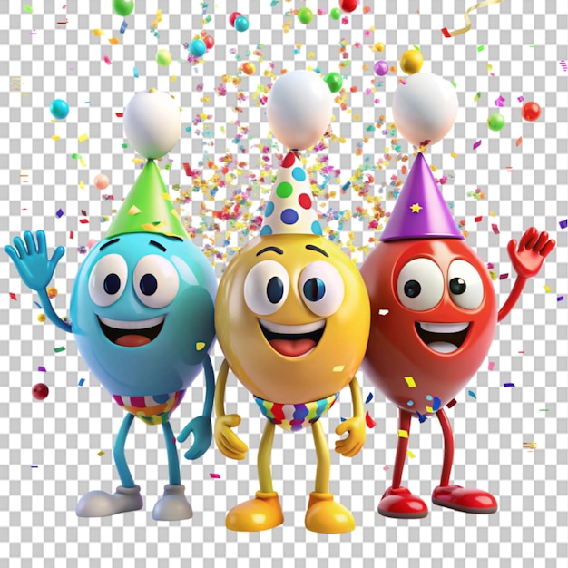 PSD animated data characters party with confetti and on transparent background