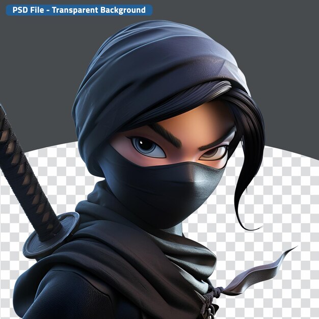 PSD animated ninja character illustration in a closeup 3d render image