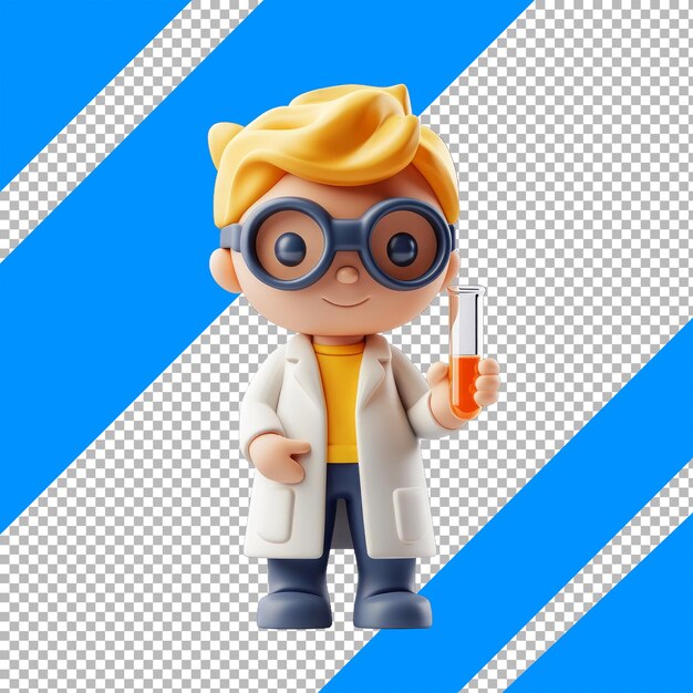 PSD animated scientist character with test tube and goggles in blue background