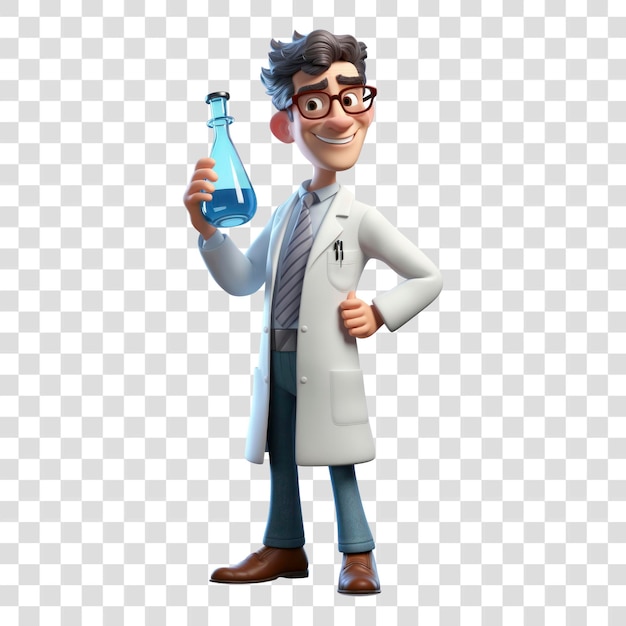 PSD animated scientist holding blue flask