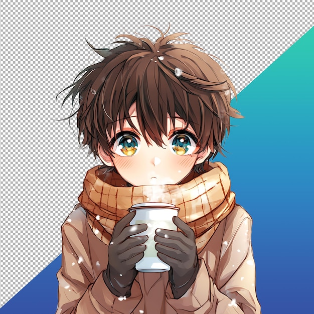 Anime boy holding cup of hot chocolate