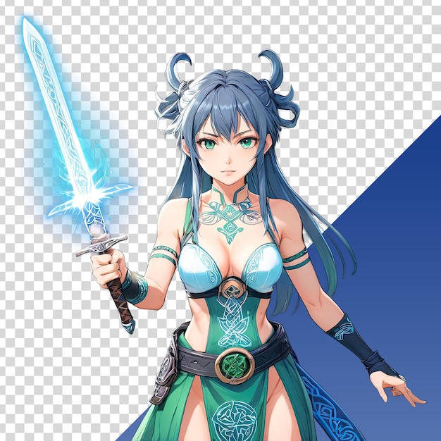 an anime girl with a sword and a blue background