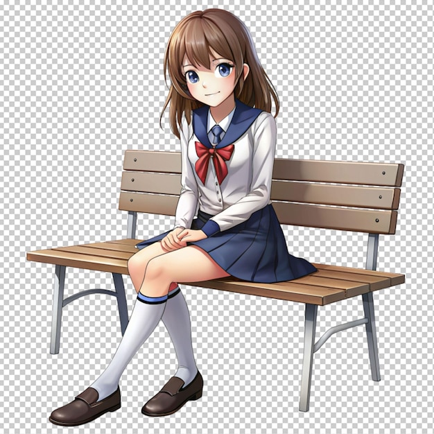 PSD anime lady wear school dress and sit on park chair isolated on transparent background