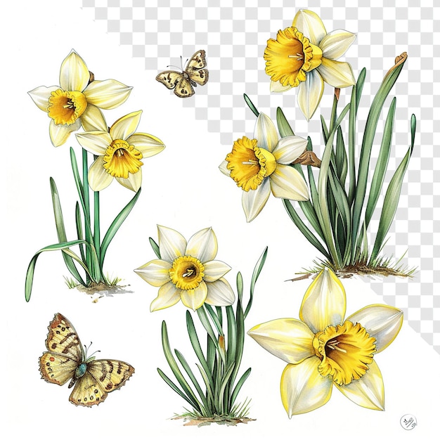 Anita Jeram Style Daffodils and Butterflies Vintage Clipart