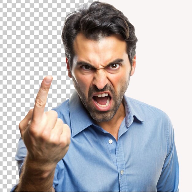 PSD annoyed man showing a rude gesture on transparent background