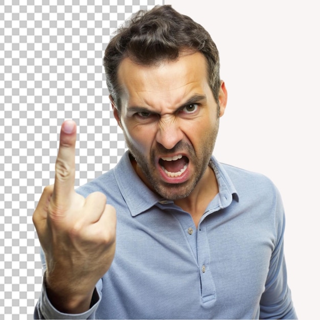 PSD annoyed man showing a rude gesture on transparent background