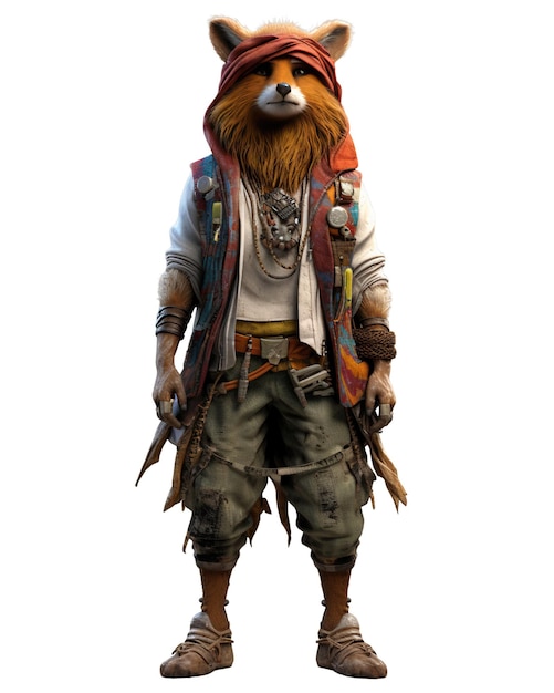 An anthropomorphic fox in adventurous attire with a bandana and beads Anthropomorphic animals