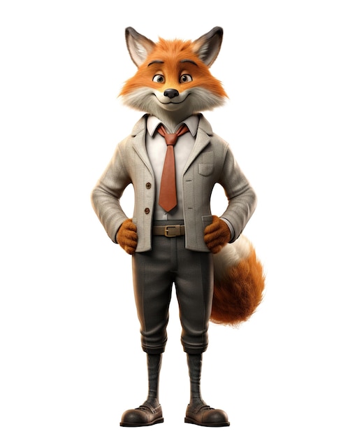 An anthropomorphic fox in a business suit with a tie smiling and looking straight ahead Anthropomorphic animals