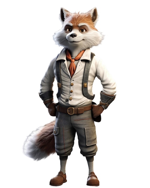 An anthropomorphic fox in a grey jacket with a range tie standing with hands on hips and a confident smile Anthropomorphic animals