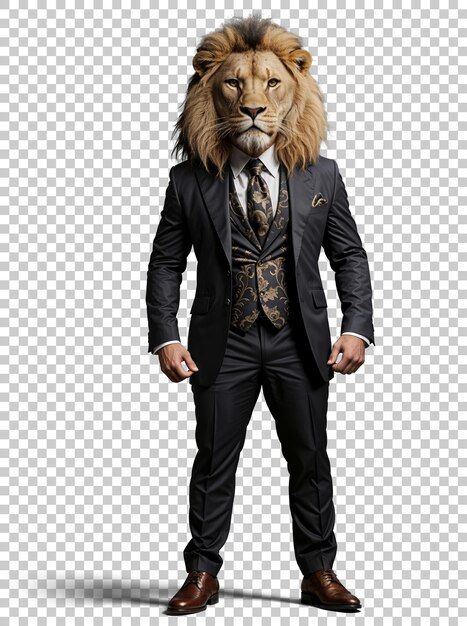 Anthropomorphic Lion boss wearing business suit standing like human businessman smart animal concept