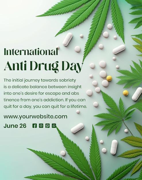 Anti Drug day concept capsules and tablets with weed leaves decoration on light green background