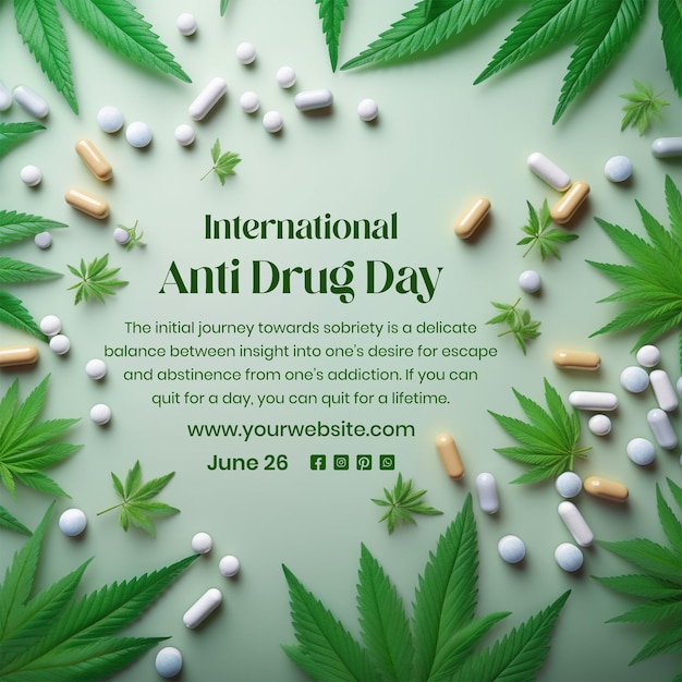 Anti Drug day concept capsules and tablets with weed leaves decoration on light green background