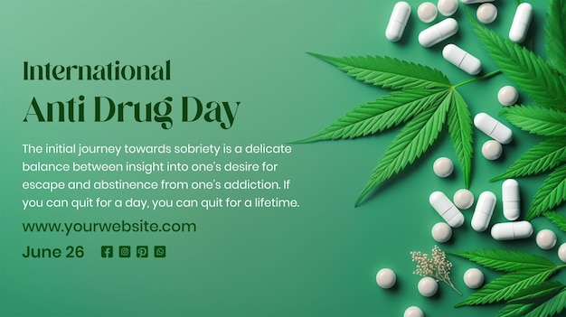 Anti Drug day concept capsules and tablets with weed leaves decoration on light green background