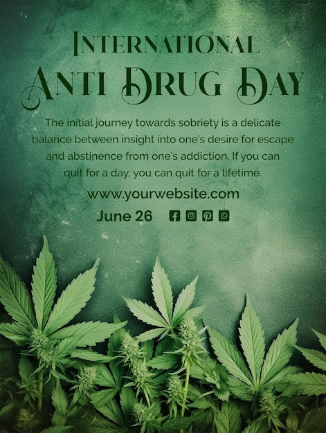 Anti Drug day concept green kush buds with leaves decoration on green texture background