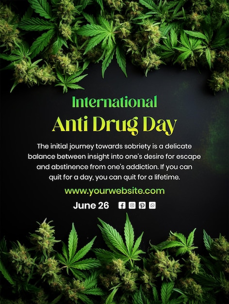 Anti Drug day concept green kush buds with leaves decoration on green texture background