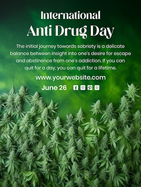 Anti Drug day concept green kush buds with leaves decoration on green texture background