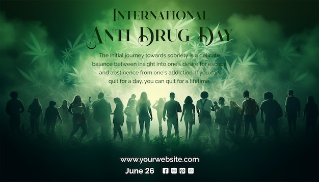 Anti Drug day concept group of conscious people movement against drug on green texture background