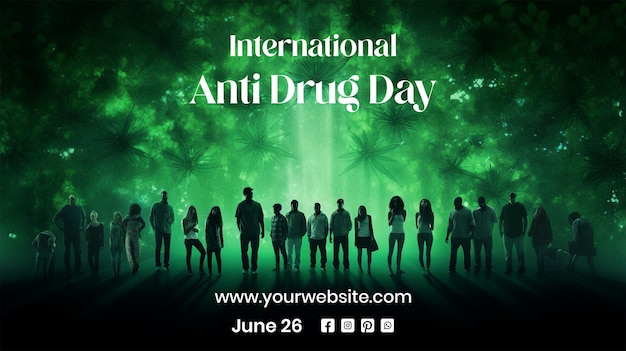 Anti Drug day concept group of conscious people movement against drug on green texture background