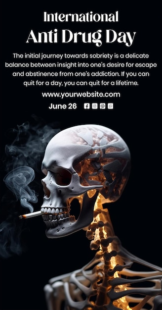 Anti Drug day concept a skeleton smoking a burning cigarette on black background