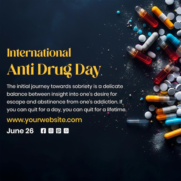 PSD anti drug day concept tablets and capsules decoration on black background