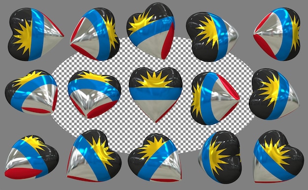 PSD antigua and barbuda 3d heart flag isolated different positions 3d rendering