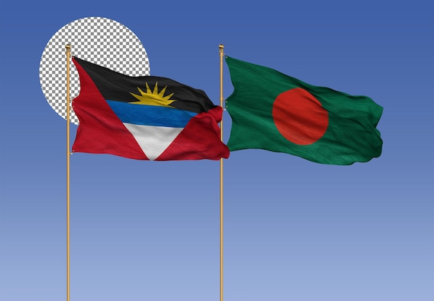 Antigua and Barbuda and Bangladesh Wavy Flags Together Bilateral Relations 3D Rendering