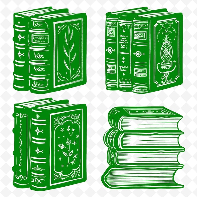 Antique Books With Leather Bindings and Gold Leaf Details in PNG Outline Flat Illustration Designs