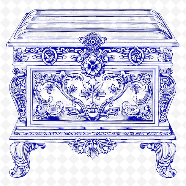 Antique Chest With Intricate Wood Carvings and Brass Hardwar PNG Outline Flat Illustration Designs