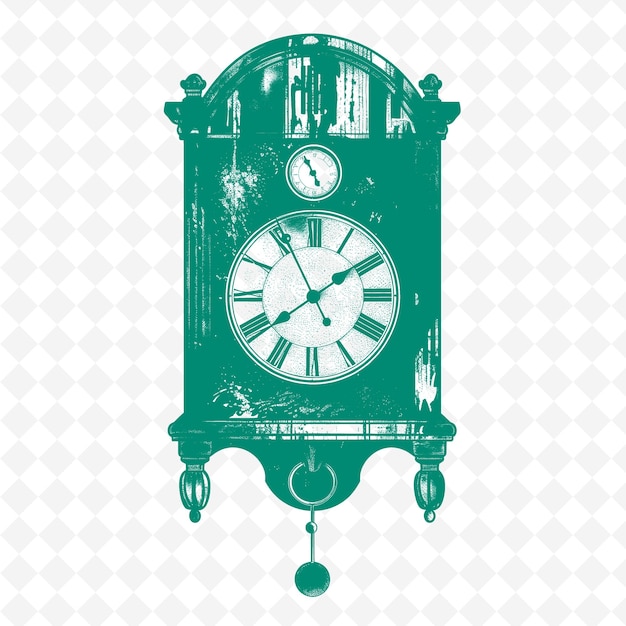 PSD antique clock with weathered wood finish and brass pendulum png outline flat illustration designs