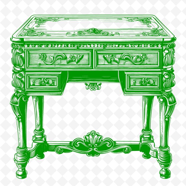 Antique Desk With Ornate Wood Carvings and Leather Top Inspi PNG Outline Flat Illustration Designs