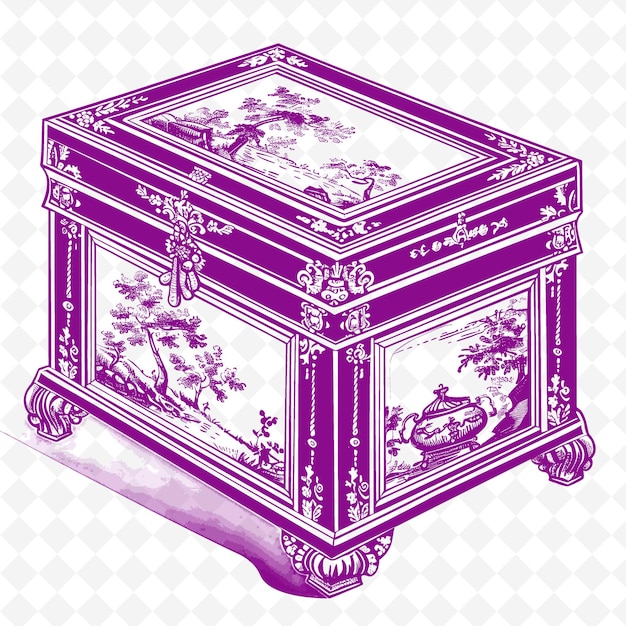 Antique Jewelry Box With Hand Painted Scenes and Black and W PNG Outline Flat Illustration Designs